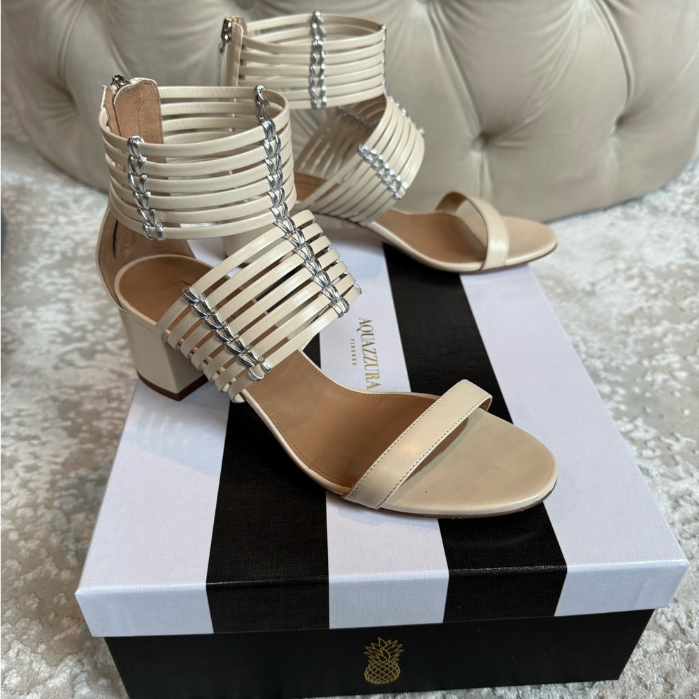 Aquazurra cream and silver leather sandal size 36.5